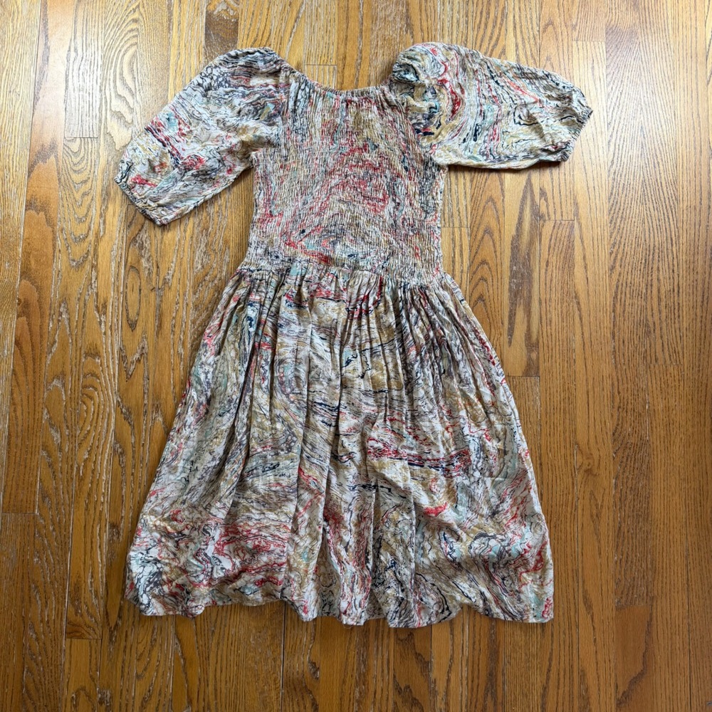 Artsy Abstract Marble Print Smocked Bodice Puff Sleeve Midi Dress Womans S
